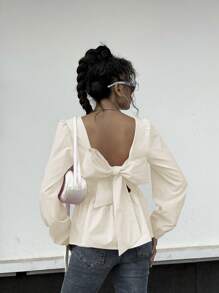 INAWLY Women's Solid Color Bowknot Back Decor Lantern Sleeve Fashion Blouse
