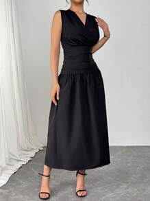 Modelyn Women's V-Neck Sleeveless Ruched A-Line Dress - Black - View 3