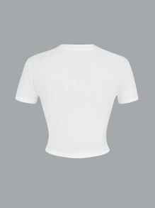 SHEIN EZwear 女士圆领短款短袖T恤，简约时尚，适合夏季 - 白色 - 查看 2