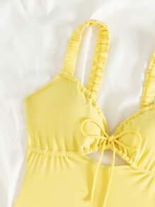 Swim Mod Springbreak 女士夏季海滩度假浅黄色吊带镂空蝴蝶结可爱连体泳衣 - 黃色 - 查看 5