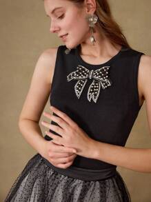 MOTF STUDIO BOW DECOR FRINGE HEM KNIT TOP - Black - View 6