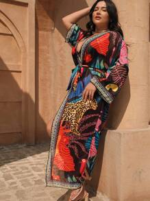 Swim Oasis 大码女式和服，豹纹与抽象叶印花，度假氛围