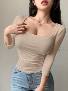 DAZY Solid Color Minimalist Fitted Women Crew Neck T-Shirt,Fall Clothes - Apricot - View 4