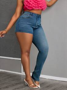 Slaydiva Jeans skinny de talla grande para mujer con estilo vintage desgastado y talle alto asimétrico - Azul - Ver 5