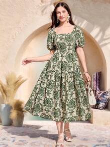 SHEIN Leap Crew Teen Girl Spring & Summer Green Casual Holiday Traditional Pattern Puff Sleeves Loose A-Hem Waist Long Dress,Vacation Style,Holiday,Beach, Boho, Summer Clothes,Outfits - Green - View 7