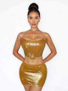 Zolique 春季亮片涂层网眼鱼骨图案吊带上衣和裙子女式两件套套装，性感装