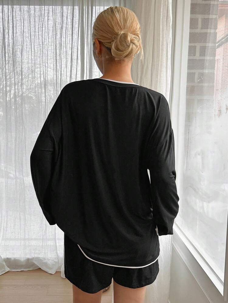 2pcs Women Loose Fit English Slogan Print Contrast Trim Long Sleeve Pajamas Set