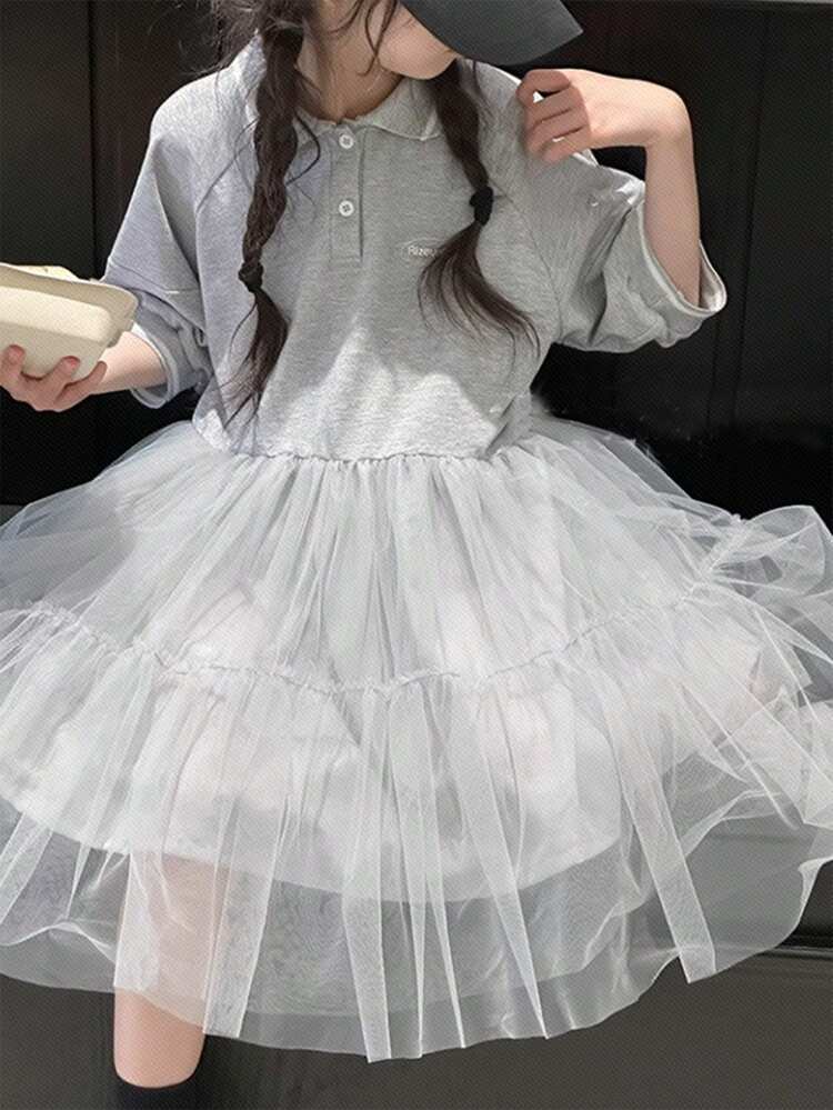 Vestido informal minimalista de panel de malla de red para niñas preadolescentes, conjunto de ropa de verano para niñas, ropa de regreso a la escuela