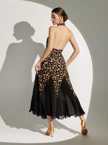Dansine Latin Dancewear Leopard Print Sleeveless Long Chiffon Patchwork Backless Sexy Dancewear Dress For Women