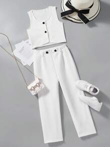 Tween Girls Casual Commuter Outfit 2 Pieces Set: Top And Pants - White - View 1