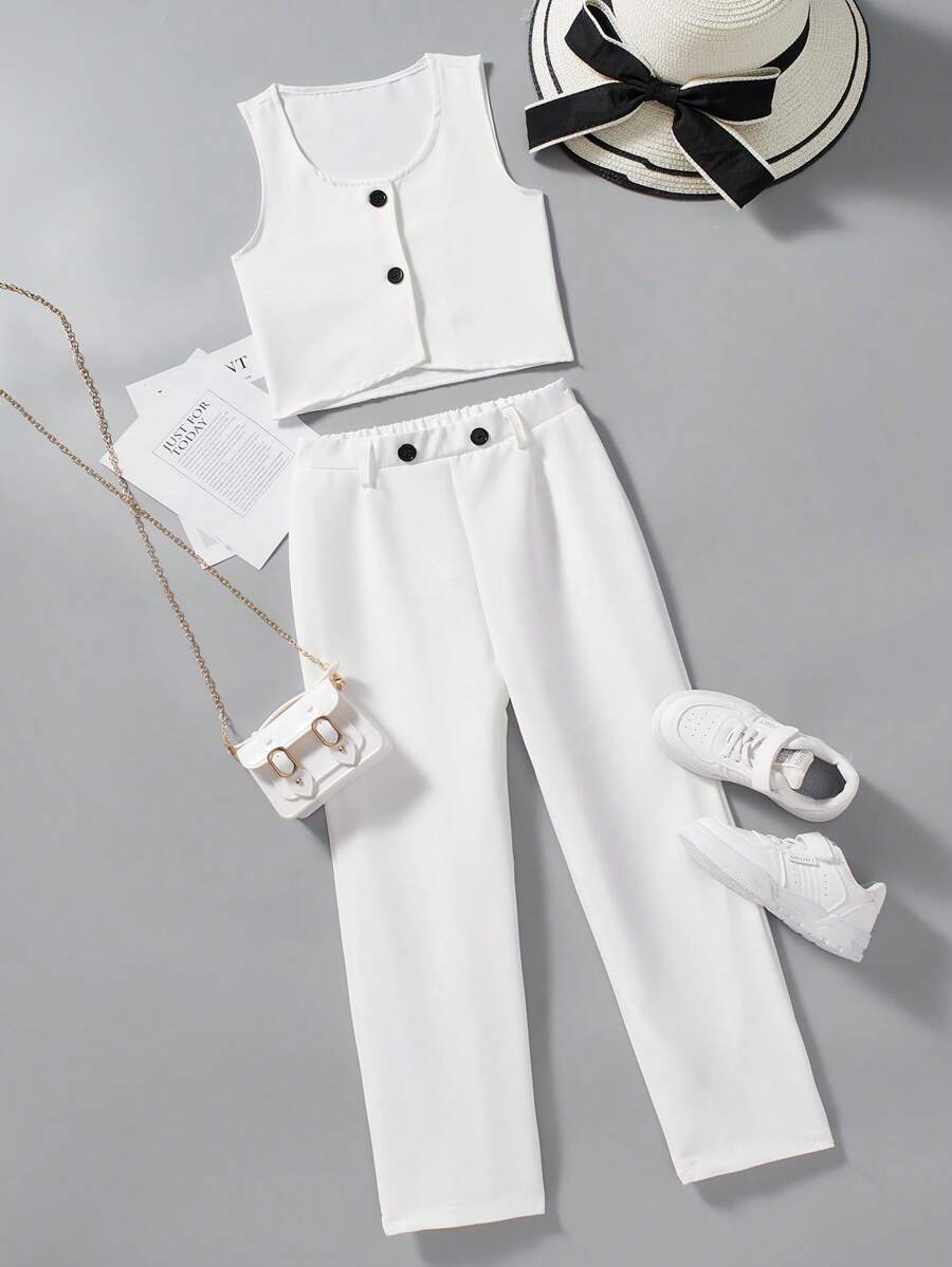 Tween Girls Casual Commuter Outfit 2 Pieces Set: Top And Pants - White - View 1