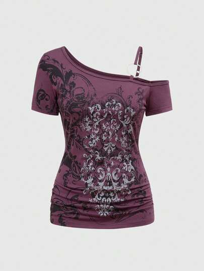 Grunge Punk Cute Tropical Purple Vine Cross Strap Short Sleeve Elastic Shirred Women's T-Shirt, Elegant For Summer Beach Graduation Easter Concert Nashville Vacation