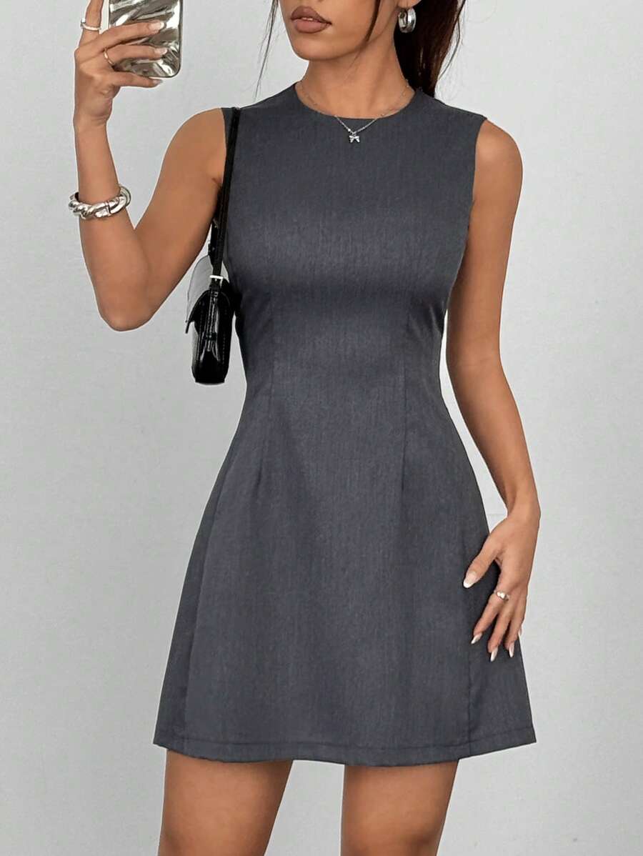 Chiquease Vestido corto clásico de cuello redondo sin mangas, ajustado, de color gris oscuro, elegante para ir al trabajo, fiestas, tomar el té por la tarde, vacaciones y volver al colegio, para primavera/verano