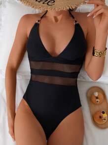 SHEIN Swim 1pc Sexy Backless Black Solid Color Splicing Mesh Spring Break One Piece Swimsuit For Women, New For Summer Beach Vacation - Black - View 3