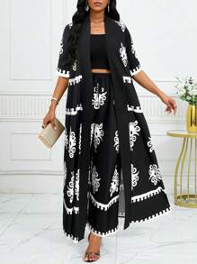 SHEIN Lady 2 stuks dames vintage bloemenprint lange jas en broek set