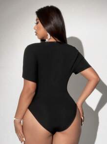 Viva Relle Plus Size Deep V-Neck Textured Bodysuit - Black - View 2