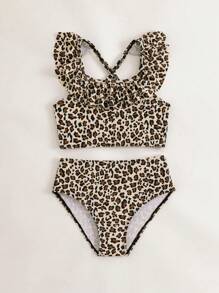 SHEIN Young Girl Leopard Print Simple Bikini Top And Bottom Swimwear Set - Khaki - View 4