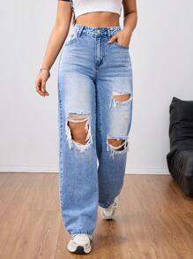 SHEIN Tall بنطلون جينز نسائي كاجوال مزود بجيب وتصميم ممزق مميز ، متعدد الاستخدامات - الأزرق - مشاهدة 1