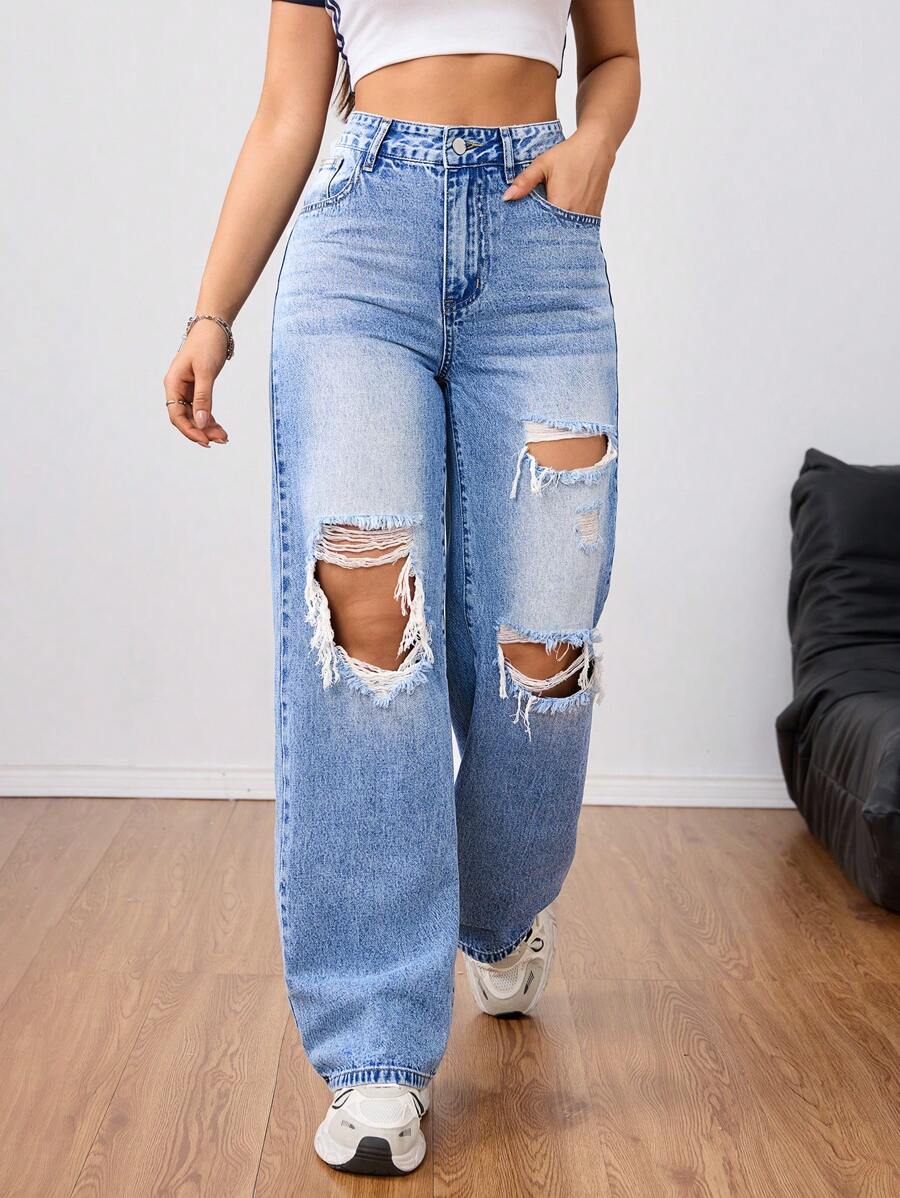 SHEIN Tall بنطلون جينز نسائي كاجوال مزود بجيب وتصميم ممزق مميز ، متعدد الاستخدامات - الأزرق - مشاهدة 1