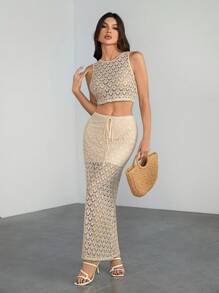 SHEIN Tall Women's Holiday Knitted Imitation Crochet Vest Slit Skirt Suit, Music Festival, Music Festival Wear, Bohemian