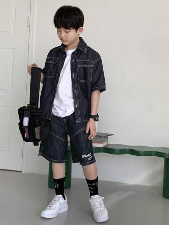 DAZY Outfit met denim overhemd en korte broek voor jongens (tween)