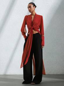 Aveloria Modichic Elegant Luxury Design Retro Rust Red Lady Shirt V-Neck Ruffle Hem Long Fishtail Waist Ruched Chiffon Semi-Sheer Blouse - Red - View 5