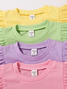 4pcs Set Young Girl Solid Color Round Neck Ruffle Trim Fitted T-Shirts - Multicolor - View 5
