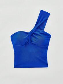 Maija Women's Blue Summer Solid Color One-Shoulder Pleated Sexy Fashionable Versatile Casual Simple Elegant Sleeveless Cropped Tank Top Going Out Tops Going Out Outfits