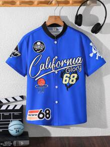 Tween Boy Casual Sports Basketball Letter Pattern Baseball Collar Short Sleeve Shacket, Suitable For Commuting, School, Daily Casual, Sports, Spring/Summer