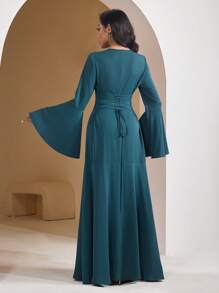 Veilorie Women's Solid Color Round Neck Flared Bell Sleeve Ruffle Hem Dress, Elegant - Dark Green - View 2