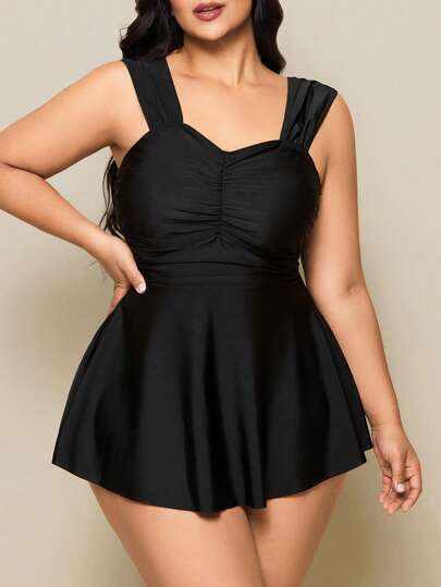 SHEIN Swim Curve Plus Size Women 2pcs Plain Black Knitted Thick Strap Minimalist Daily & Holiday Tankini, Plus Size, For Summer Beach Vacation