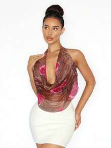 Zolique Women's Fashion Sexy Animal Print Flower Pattern Plunging Neck Backless Halter Top - Multicolor - View 3