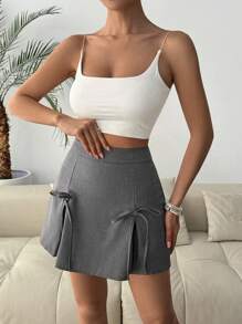 Chiquease 女士纯色高腰休闲短款蝴蝶结裙 - 灰色 - 查看 5