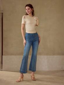 MOTF BOW & FAUX PEARL DETAIL GATHERED T-SHIRT