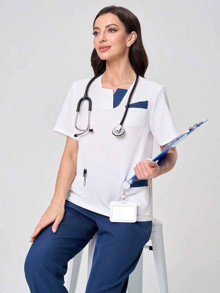 TaskEZ Contrasting Patchwork Short Sleeve Top And Pants Scrub Uniform Set