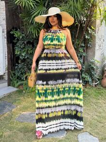 SHEIN SXY Plus Size Women's V-Neck Backless Tie-Dye Ruffle Print Dress,Green,Summer,Boho,Vacation,Holiday,Casual Beach Outfits,Cute Date Night Streetwear - Multicolor - View 5