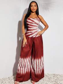 SHEIN SXY 春夏假期波西米亚风西方服饰女装节日红色扎染仿亚麻面料吊带修身背心上衣和松紧腰高腰舒适长裤两件套