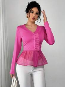 SHEIN Unity Modisches T-Shirt mit V-Ausschnitt und kontrastierendem Netzstoff, sexy Stil, geeignet für Verabredungen am Valentinstag, Damen - Heißes Pink - Übersicht 6