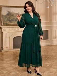 Modelyn 大码纯色长袖休闲连衣裙，简约时尚，适合日常穿着 - 墨綠色 - 查看 4