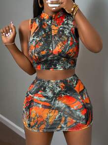 Slaydiva Nuevo conjunto casual de 2 piezas de chaleco deportivo con estampado callejero y cremallera y falda con bolsillos - Z