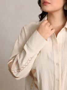 Anewsta Áo sơ mi dài tay thêu hoa quả mơ cỡ lớn cho nữ - Màu be - Xem 8