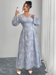 Modelyn 大码女式 V 领长袖侧腰系带优雅提花连衣裙 - 灰色 - 查看 6