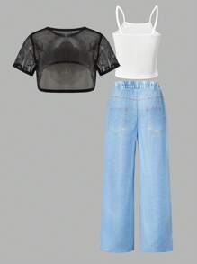 3pcs Tween Girl Street Style Set: Cropped Mesh Short Sleeve Top, Anime Character Print Tank Top & Denim Effect Pants - Black and White - View 2