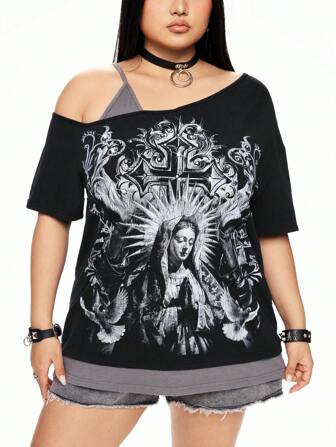 Fairycore Grand format Vierge Marie rétro couronne d'épines imprimé croix 2 en 1 épaule décolletée T-shirt à manches courtes grand format
