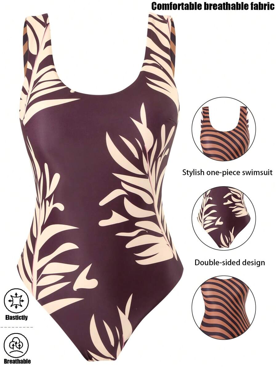 SHEIN Swim Springbreak 女士沙滩装夏季套装，双面休闲圆领无袖复古假日泳衣多种穿着