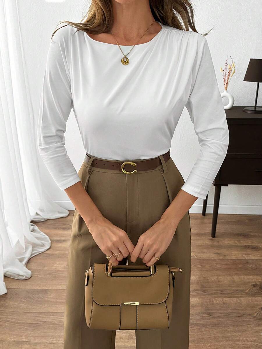 EURMUSE Áo thun tay dài cổ tròn màu trơn đơn giản đa năng - trắng - Xem 1