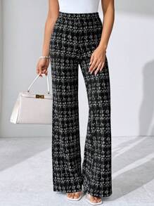 SHEIN Tall CURVE Plus Size Summer Elegant Women's Plaid Printed Elastic Knitted Pants, Suitable For Various Occasions, Suitable For Summer Vacation, Elegant Travel, And Daily Commuting,Business Casual Woman