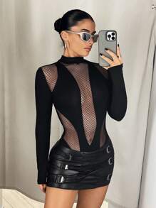 SHEIN ICON 女式长袖网眼连体衣，紧身不对称设计