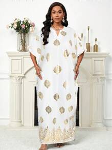 SHEIN Lady Vestido suelto con estampado metálico para mujeres, vestido elegante y romántico para resort - Blanco - Ver 2