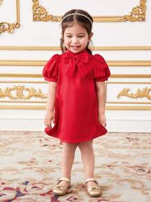 SHEIN Babygirl 优雅可爱红色蝴蝶结装饰短袖迷你连衣裙 - 紅色 - 查看 4